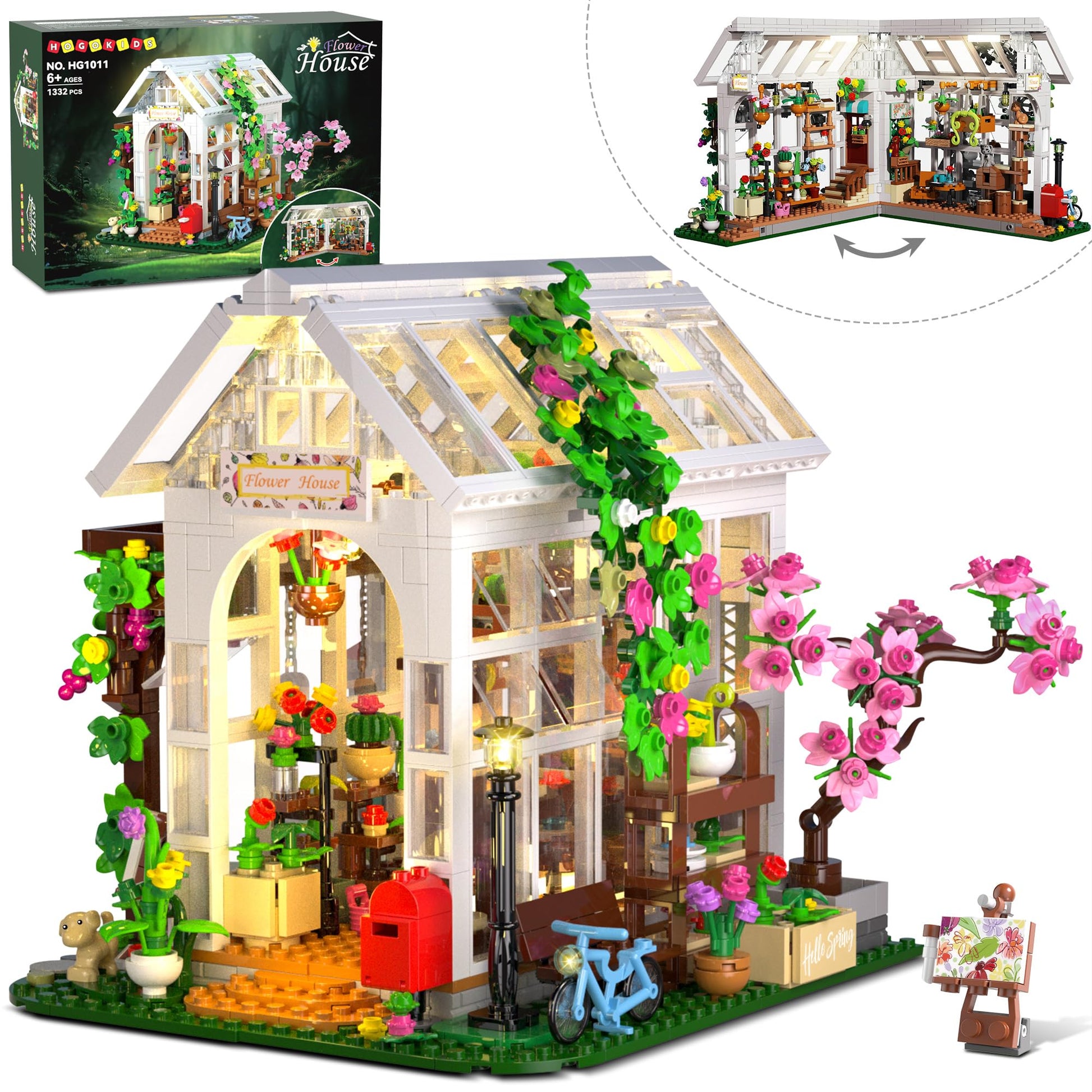 Hogokids Flower House Building Set With Led Light - 1332 Pcs Garden House Buiding Toy With Flowers Potted Plants Parrot Cat Animals Playset Greenhouse Model Xmas Gift For Adults Teens Girls 6-12 Years