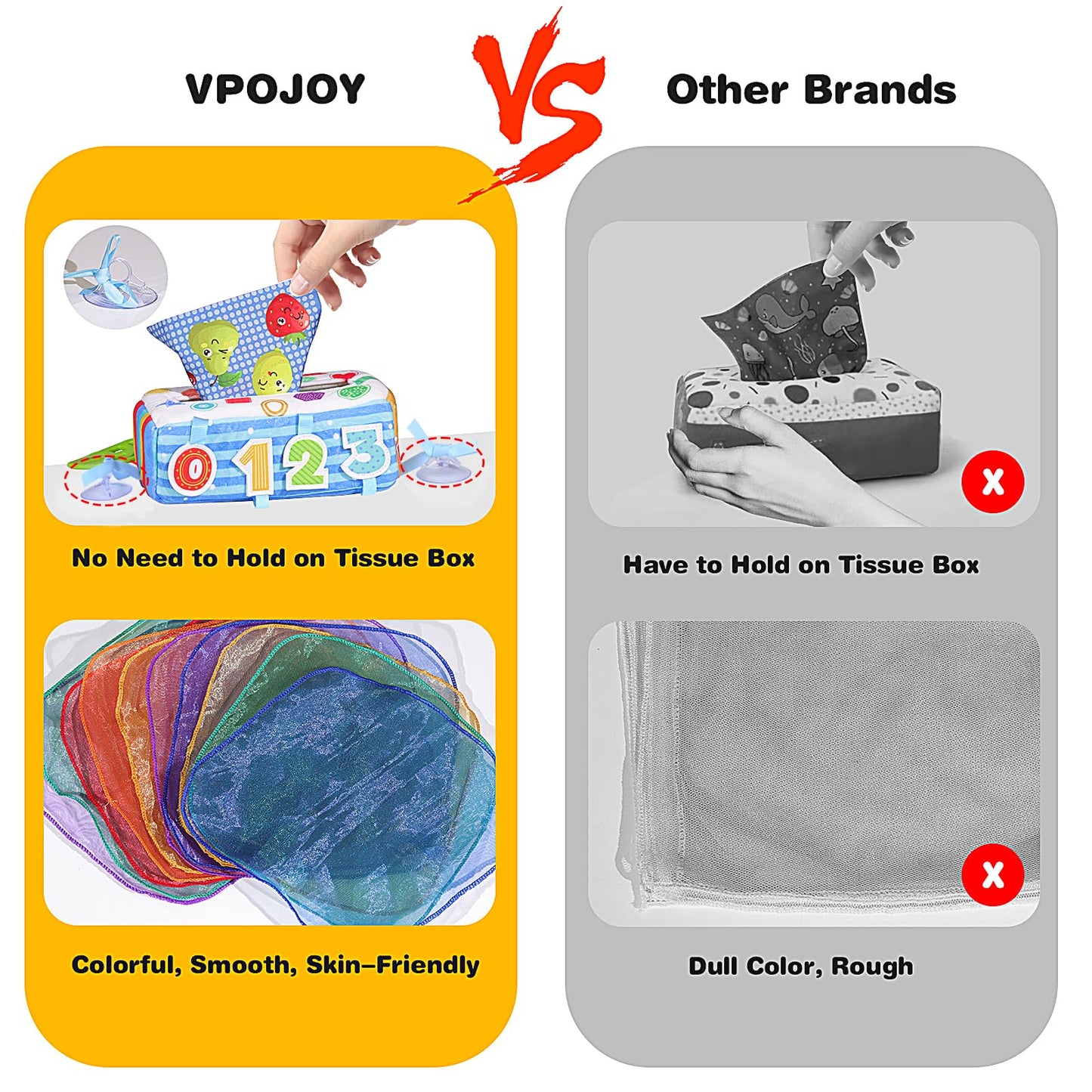 Vpojoy Baby Tissue Box Toy, Soft Montessori Tissue Box Baby Toys 6 To 12 Months, High Contrast Crinkle Paper Sensory Silk Scarve