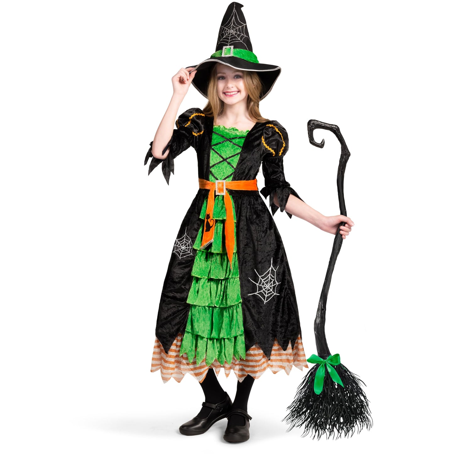 Spooktacular Creations Fairytale Green Cute Witch Dress Halloween Costume Deluxe Set With Hat For Girls (M)