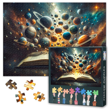 1000 Pieces Jigsaw Puzzle for Adults - an Open Book with a Group of Planets Emerging from its Pages, 28x20 Inch Intricate Detail