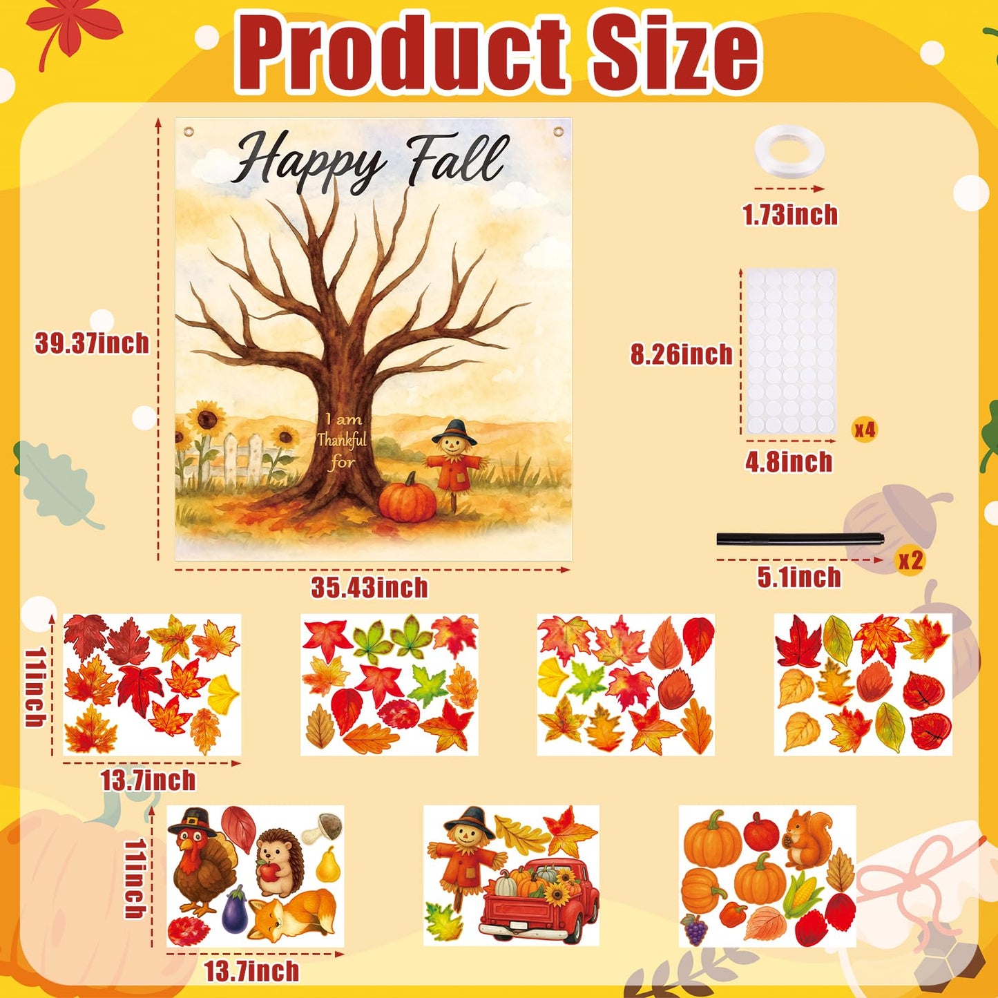 80UncleKimby 74Pcs Fall Thanksgiving Tree Craft Kit - DIY Felt Thankful Tree with Autumn Maple Leaves Ornaments for Bulletin Boa