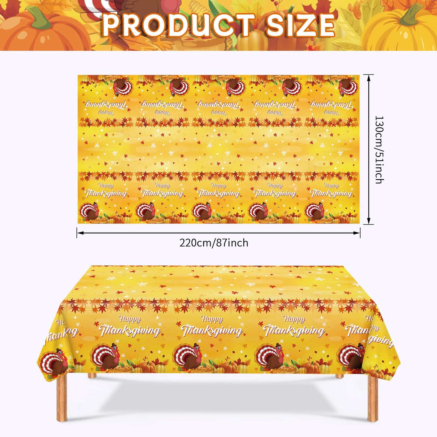 2 Pcs Happy Thanksgiving Tablecloth Disposable - Fall Turkey Tablecloths, Rectangle Pumpkin Maple Leaf Plastic Table Cover for T