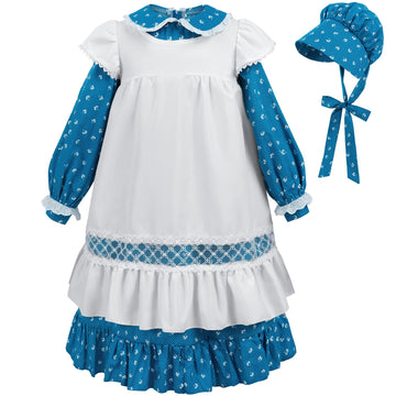Cr Rolecos Colonial Costume Girls Prairie Pioneer Dress For Girls With Lace Pilgrim Costume Blue M Age Over 4 Years Old