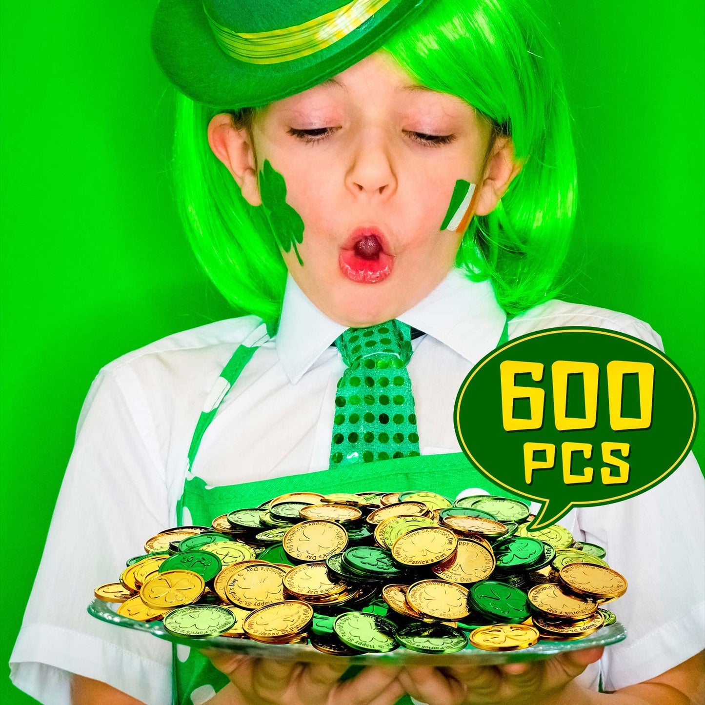 Sanwuta 600 Pieces St. Patrick's Day Gold Coins Plastic Gold Green Lucky Coins St Patricks Day Decorations 3 Leaf Clover Coins S