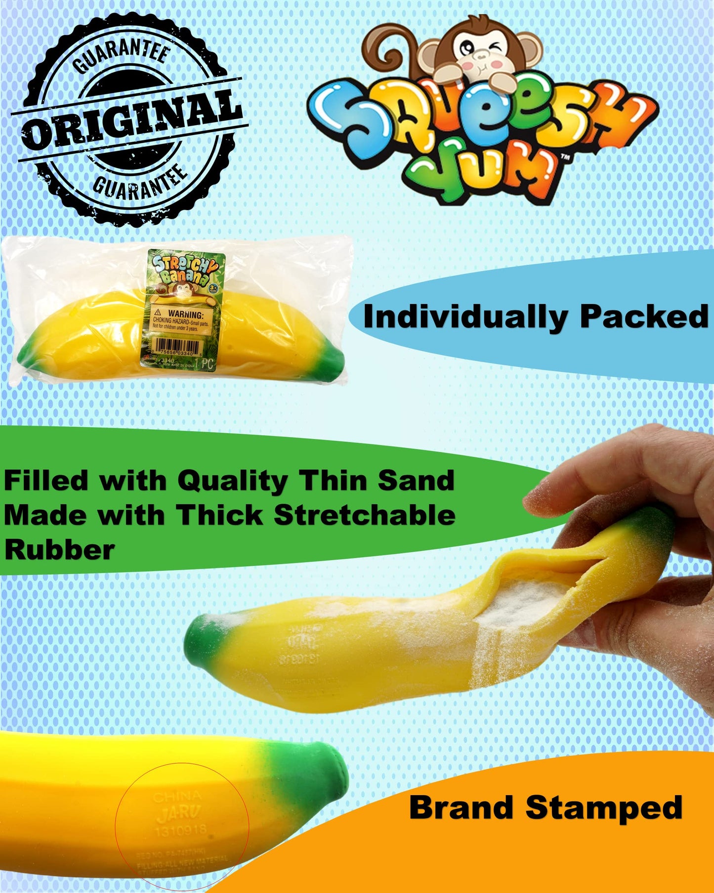 Ja-Ru Squeesh Yum Stretchy Banana Party Pack (20 Units) Stress Squeeze Relief Toys | Fruit Fidget Toy For Kids And Adults. Autis