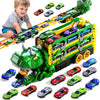 Vanvimen Toddler Car Truck Toys Gifts For 3 4 5 Years Old Boys, Dinosaur Transport Truck Cars Tracks Toys With 12 Pcs Die-Cast C