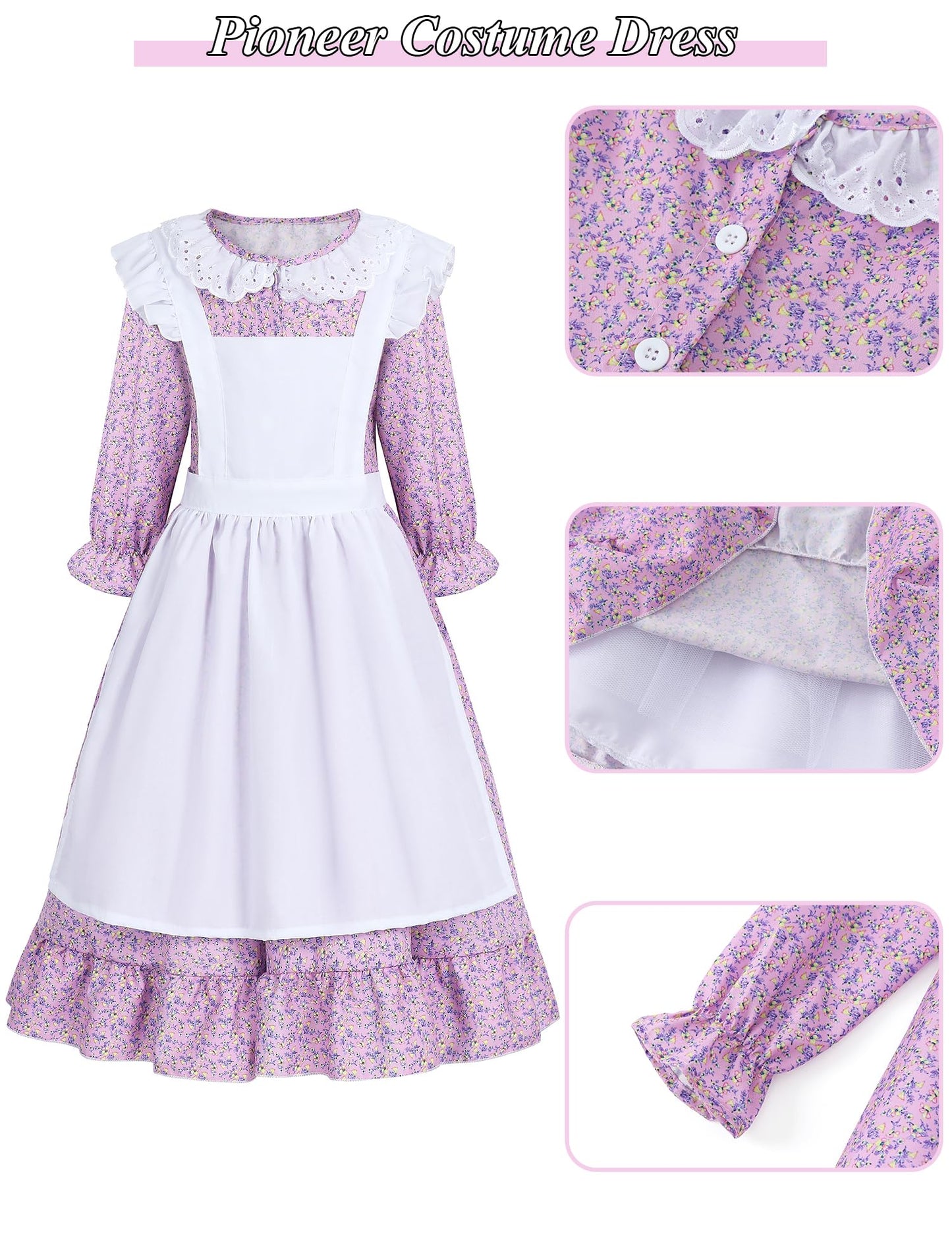 Pioneer Girl Costume Colonial Prairie Costume Dress Kids Pilgrim Costume Outfit Bedelia Martha Cosplay Floral Maid Farmer Dresse