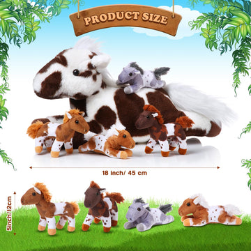 Lenwen 5 Pcs Horse Stuffed Animals Large Mommy Horse Plush With 4 Cute Babies In Zippered Belly Nurturing Plushie Toy Set For Birthday Gift Derby Party Favors(Lively)