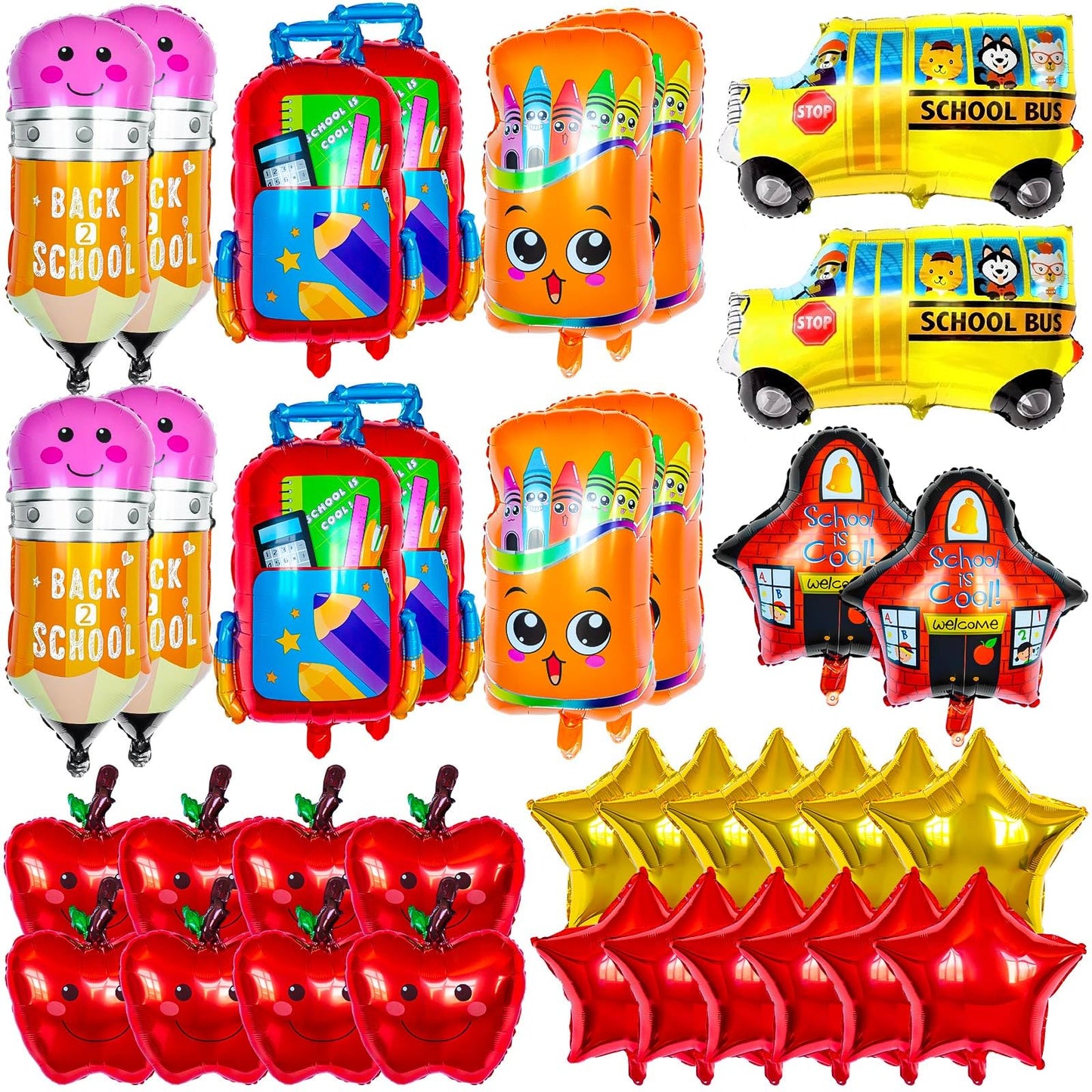 40 Pcs Back To School Foil Balloons, Colorful Apple Pencil Crayon Bus Helium Balloon, School Mylar Balloons For Party Supplies