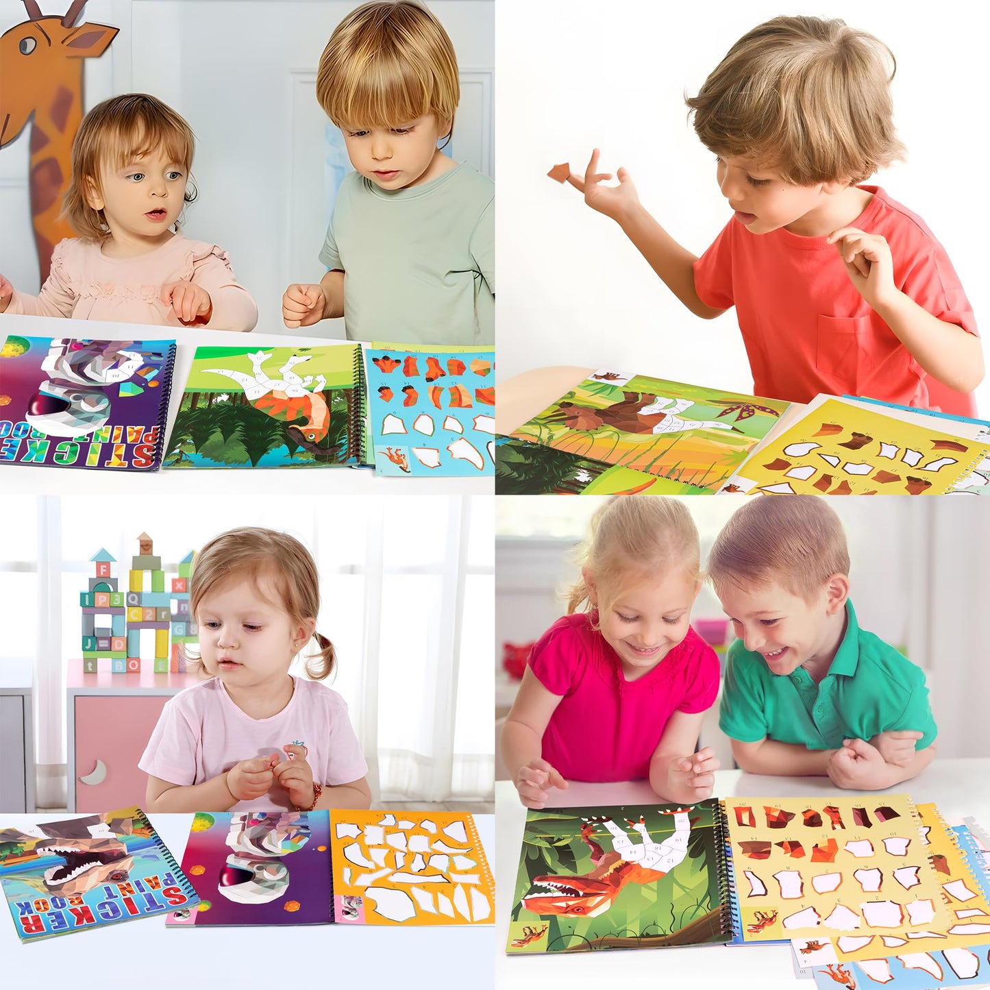 90shine 2PCS Sticker Books for Kids Ages 4-8 Dinosaur Space Designs Party Gift Create 22 Pictures