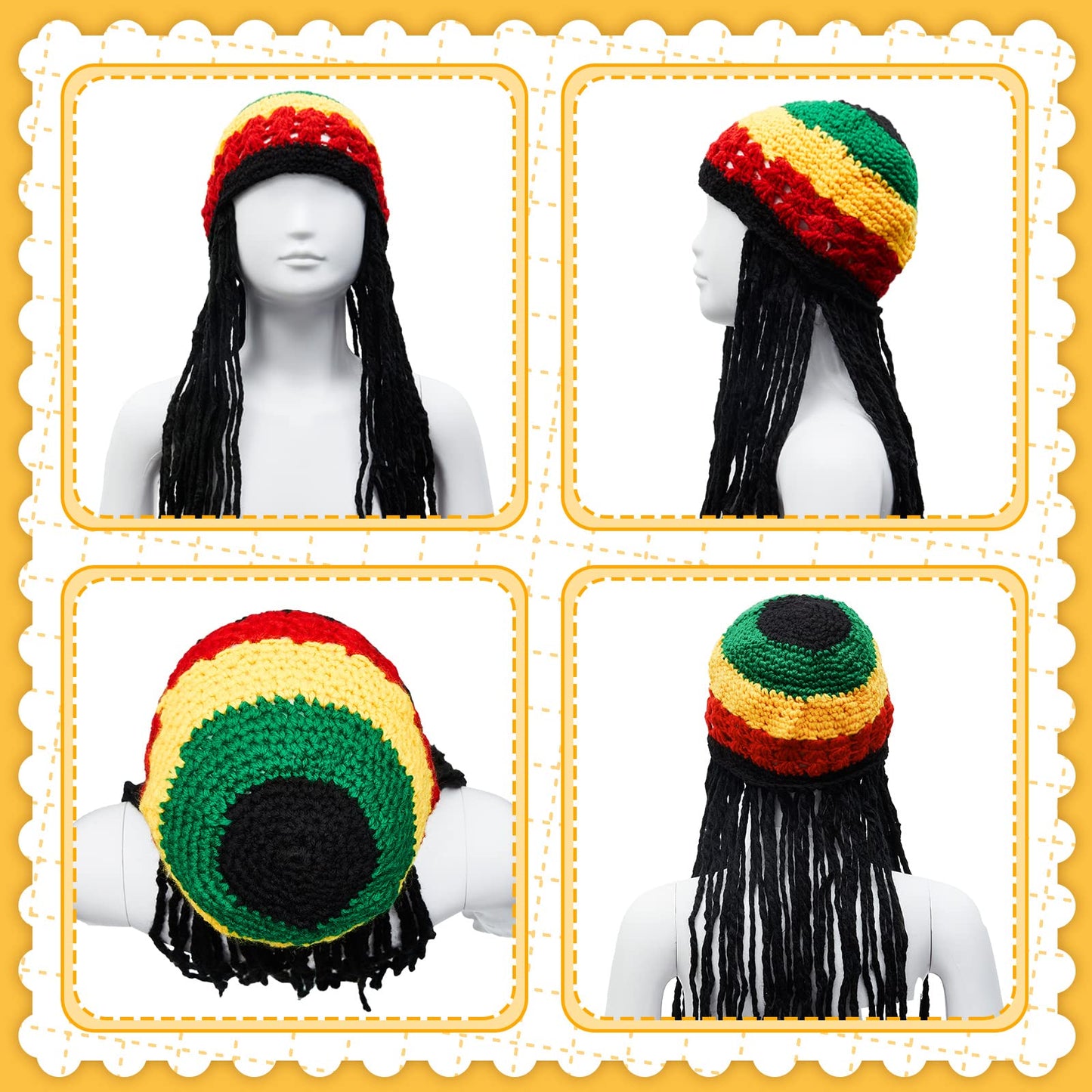 Geyoga Rasta Hat With Long Black Hair Funny Rasta Wig Beanie Jamaican Dreadlocks Wig Hat For Children'S Costume Headwear Accesso
