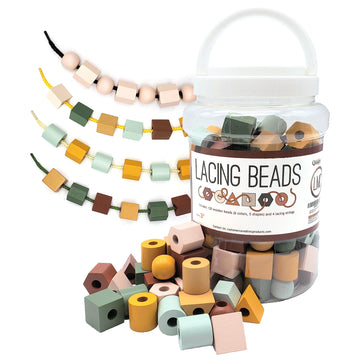 Lmc Products Wooden Lacing Beads & Strings 125 Pieces, Fine Motor Skills Toys For 3 Year Old, Fine Motor Toys, Toy Lacing Beads For Toddlers - Boho Colors