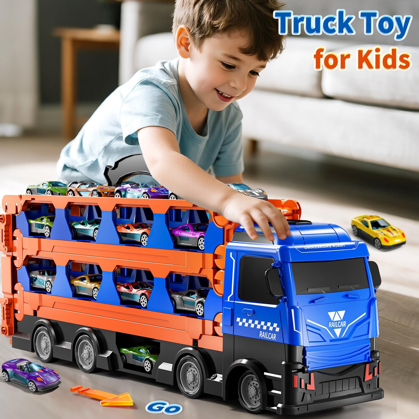 GYYCKTD Cars Truck Set Transport Toy for Kids, Race Track Set with 12 Die-Cast Cars, Trucks Playset, 2-Tier Launching Tracks, Ca