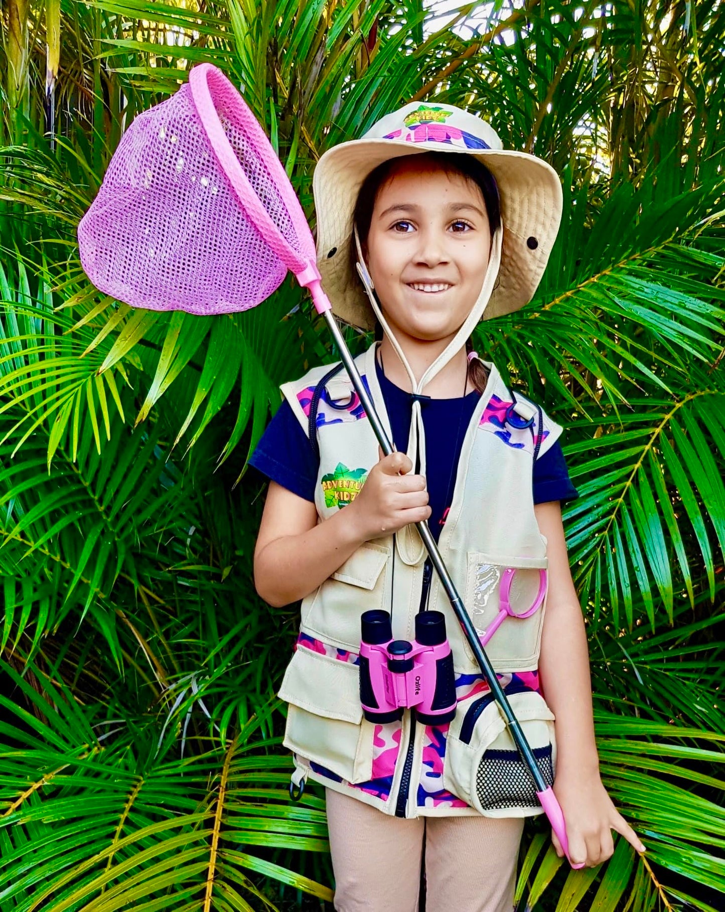 Kidz@Play Pink Bug Hunting Kit - Vest, Hat, Binoculars, Net, Container & More - Perfect for Kids' Outdoor Adventures, Small Size