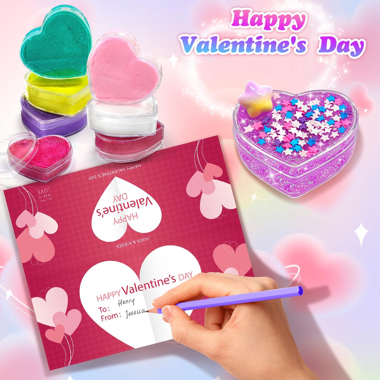 Rifamee 24 Pack Valentines Day Gifts For Kids Butter Shimmery Heart Slime Kit Craft For Boys And Girls With Card Valentine Party