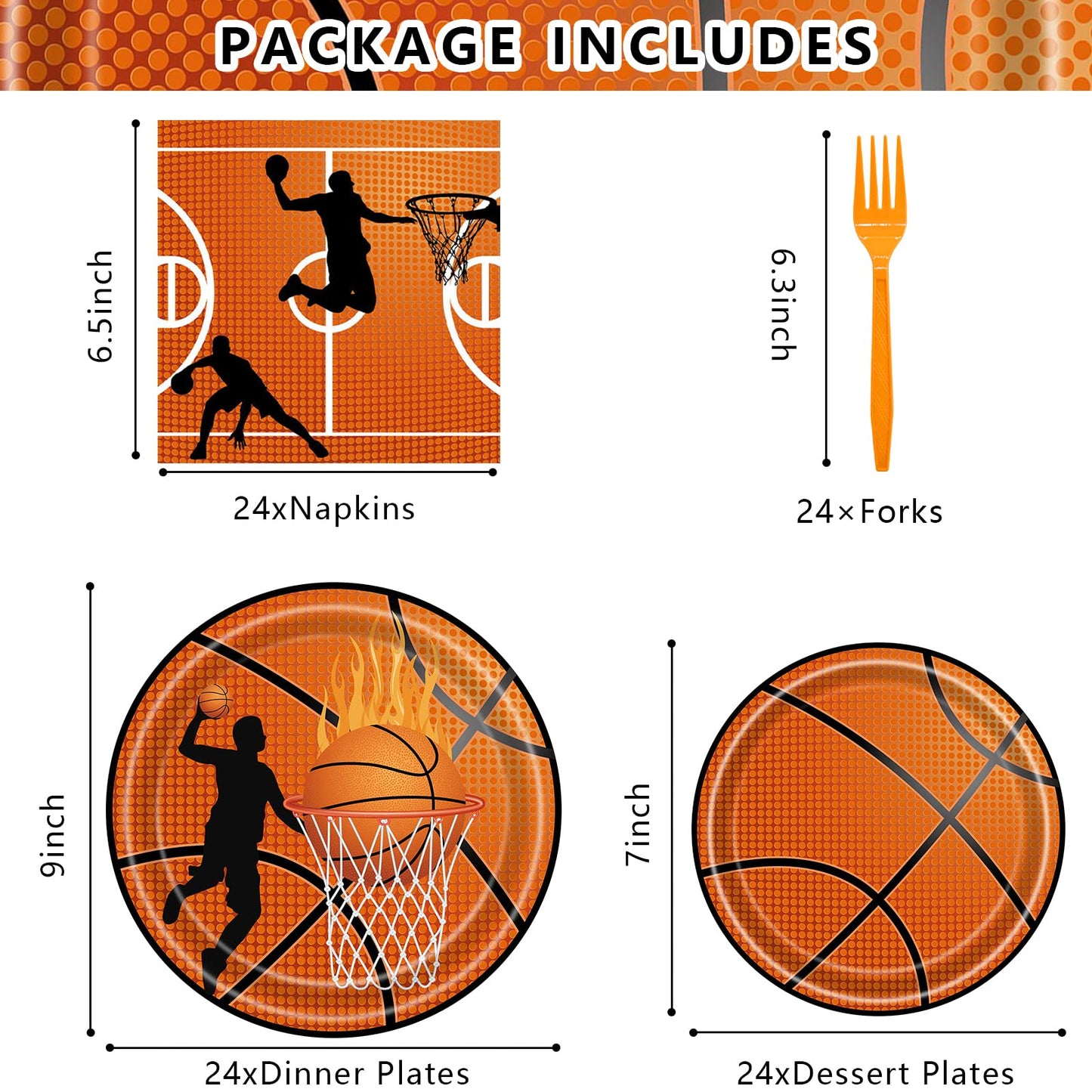 96PCS Basketball Party Supplies - Dinnerware Sets with Plates, Napkins, Forks - Boys Birthday Party Decorations - Serves 24