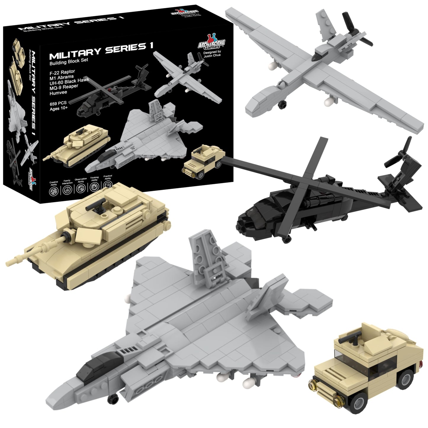 Apostrophe Games Military Building Block Set - 665 Pieces, Multi-color, Includes F-22 Raptor, M1 Abrams Tank, Black Hawk Helicopter, Humvee