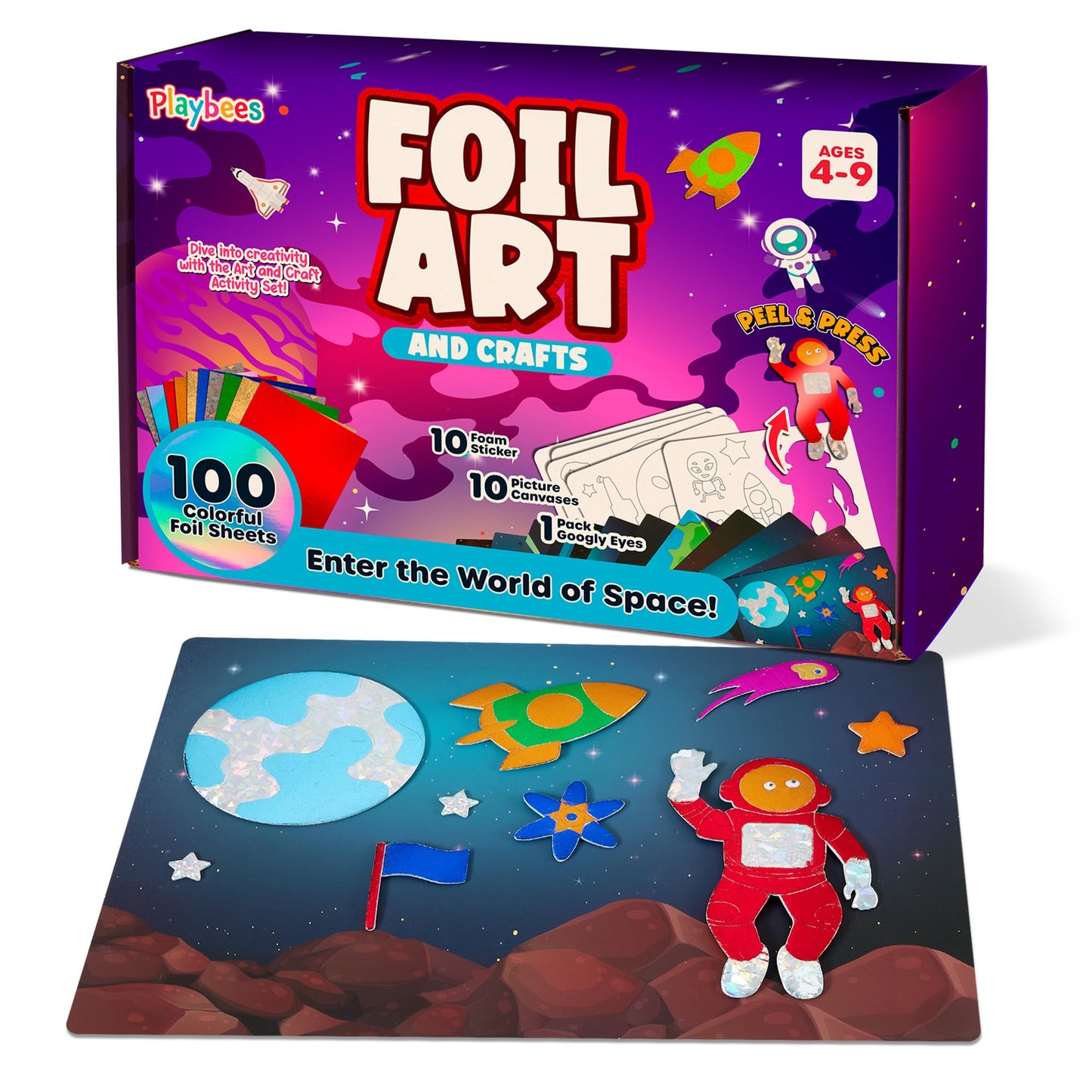 Playbees Foil Art Kit Outer Space - Preschool Arts and Crafts Kit for Kids- No Mess Art for Boys & Girls Ages 4, 5, 6, 7, 8, 9 Y