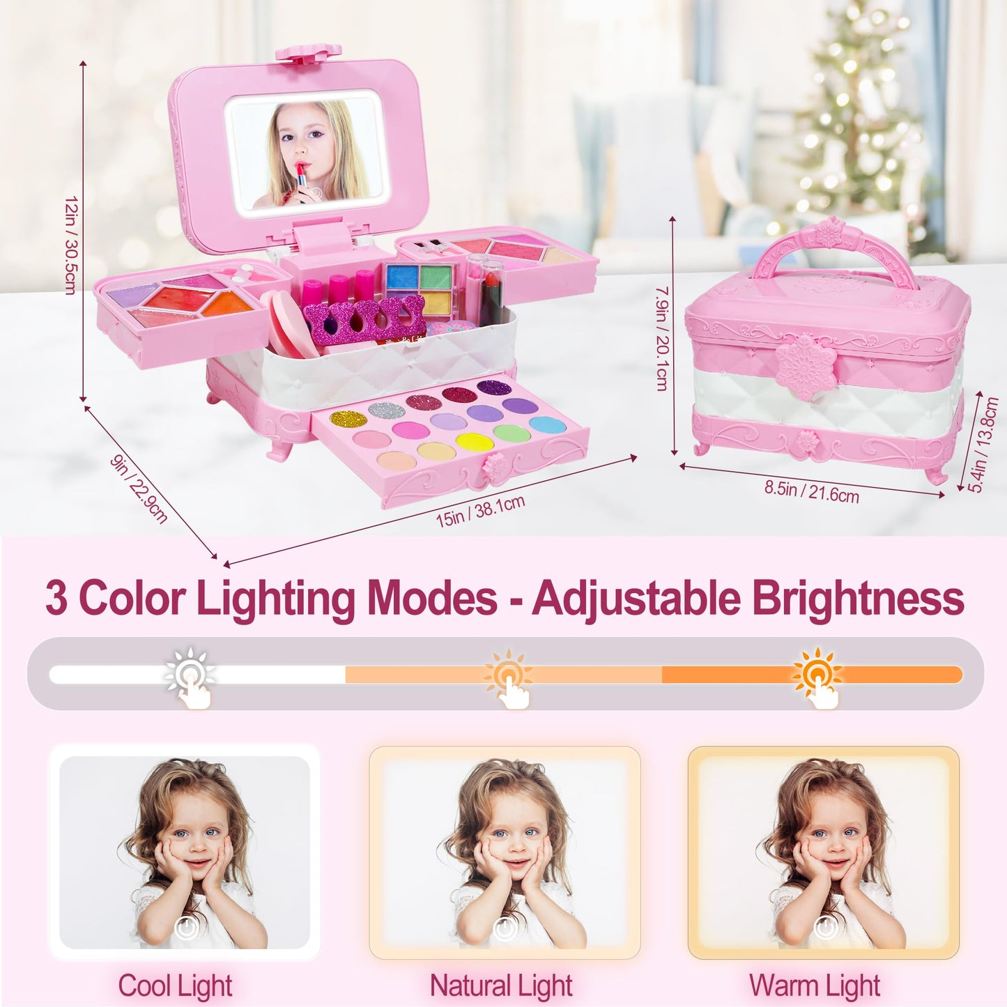 Kids Makeup Kit for Girl with 3-Color LED Lighted Makeup Mirror, DAUXONE  60 Pcs Makeup Set for Girls,Real & Washable Kids Makeu