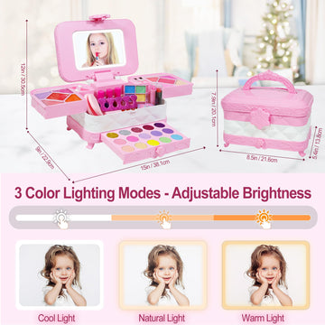 YasinKidz 60 in 1 Kids Makeup Kit, with 3-Color Led Makeup Mirror Real Washable Kids Makeup Sets for Girls 5-8, Perfect Girl Bir