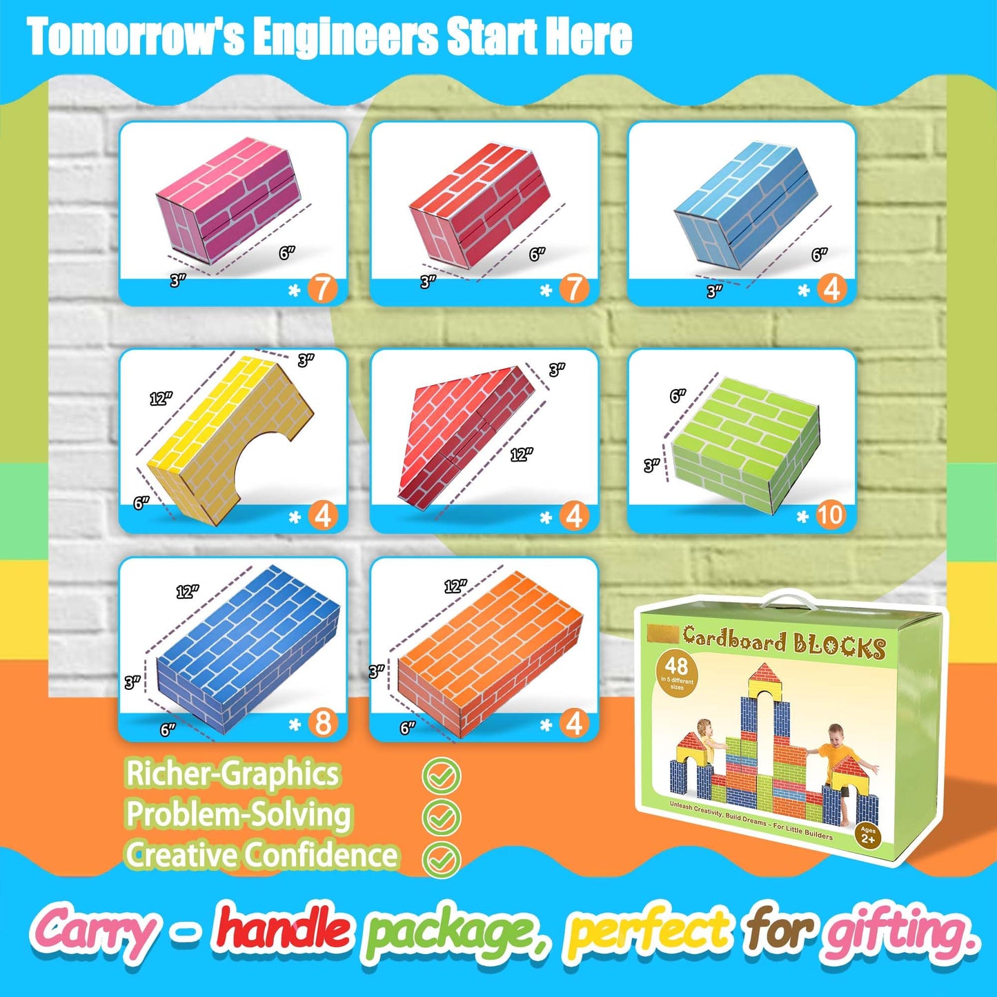 Cardboard Building Blocks for Kids 48pcs: Jumbo Gifts Heavy Duty Develop Creative Thinking Spatial Reasoning Easy to Assemble