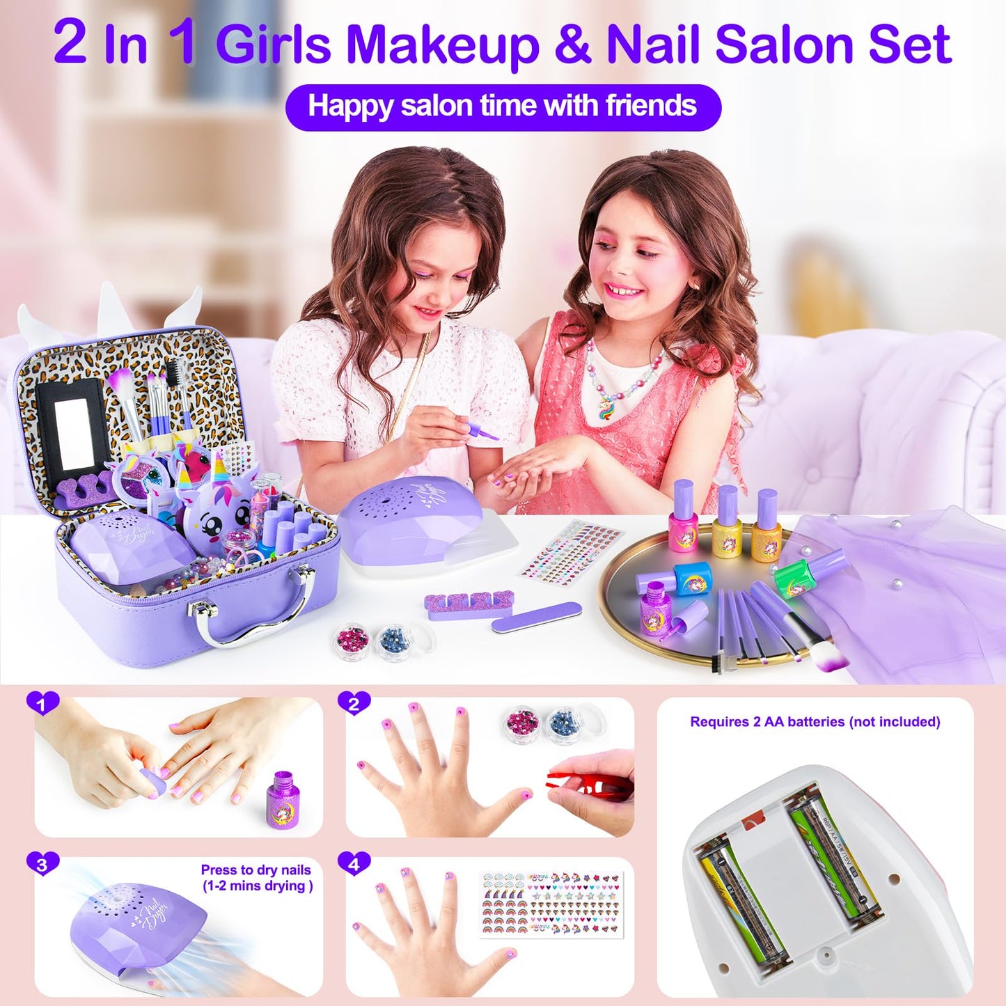 Kids Makeup Kit for Girl - 2 In 1 Kids Washable Makeup Toys & Nail Art Kit with Unicorn Cosmetic Case, Kids Play makeup for Girl