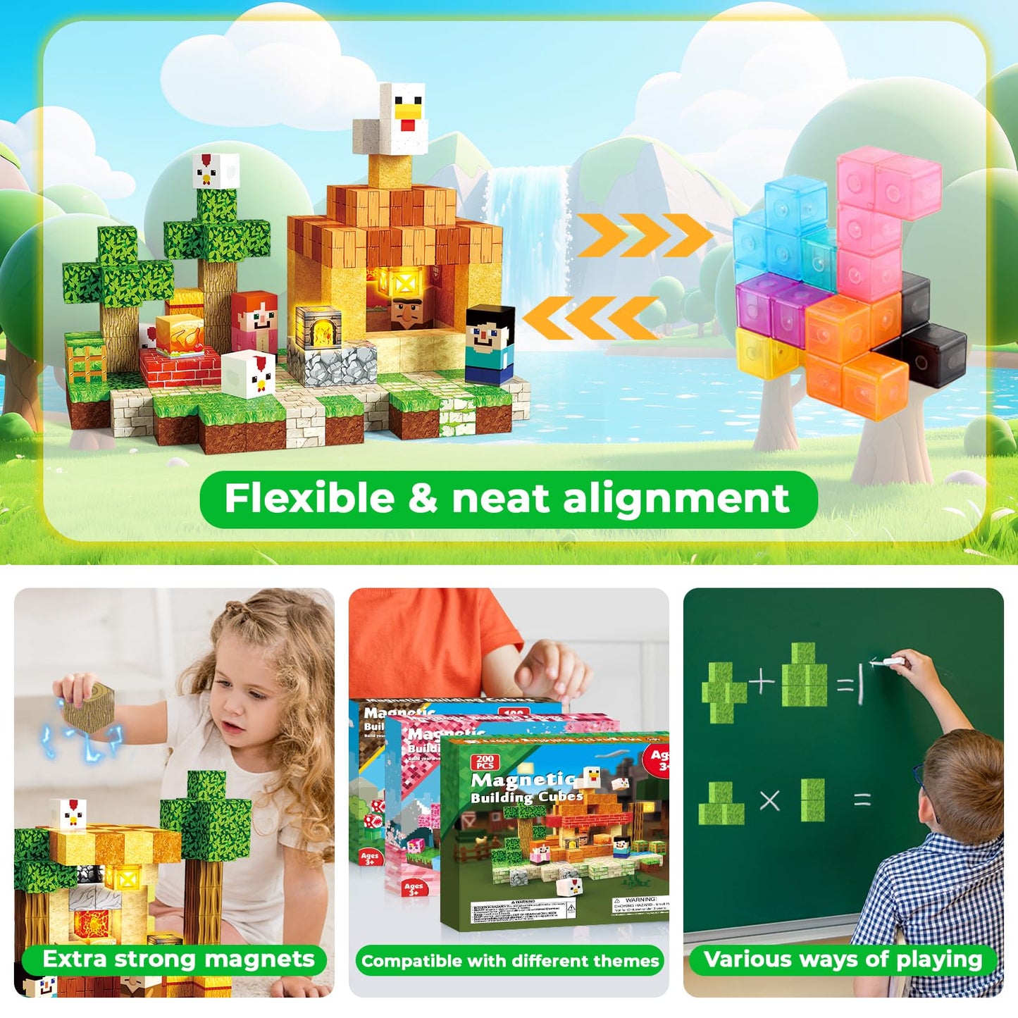 Annexfun 200 PCS Magnetic Blocks with Light Up Blocks,Magnetic Cubes Building Blocks Toys for Ages 3-10 STEM Sensory Educational