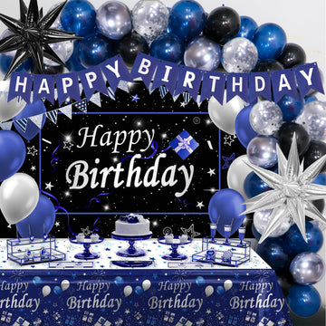 Black And Blue Birthday Decorations For Men Boys Women Girls, 75 Pcs Blue And Silver Party Decorations Happy Birthday Backdrop Banner Blue Black Silver Confetti Star Balloons Arch Tablecloth