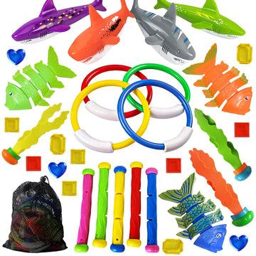 Jasonwell Pool Diving Toys Games - 31 Pcs Swimming Pool Toys For Kids Teens With Diving Rings Dive Sticks Underwater Treasures Torpedo Bandits Fish Toys Etc Fun Water Swim Toys For Boys Girls Adults