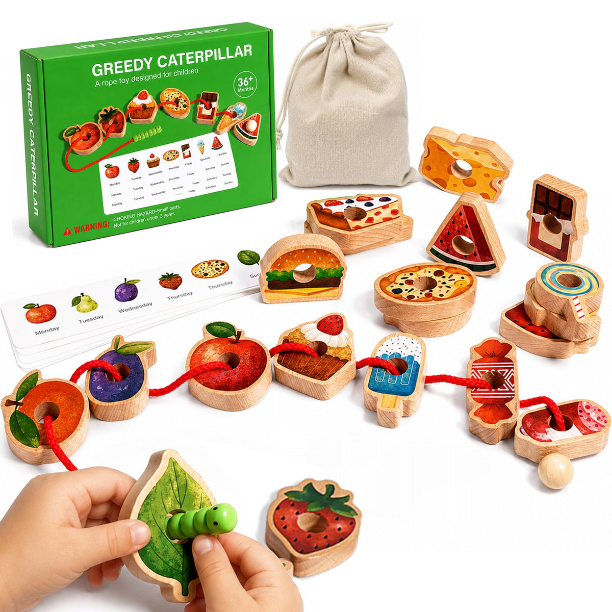 Wooden Lacing Caterpillar Threading Toy Beads Sequencing Set,Gift for 2yrs+