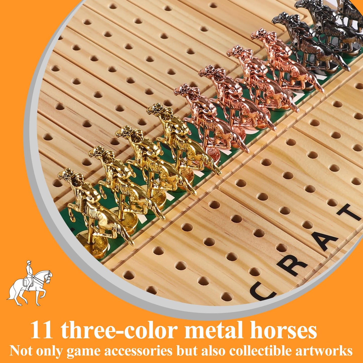 Grhonior Horse Racing Board Game With 11 Luxury Metal Horses Thickened Wood Game Board Including Dice And Cards Finish Line Race