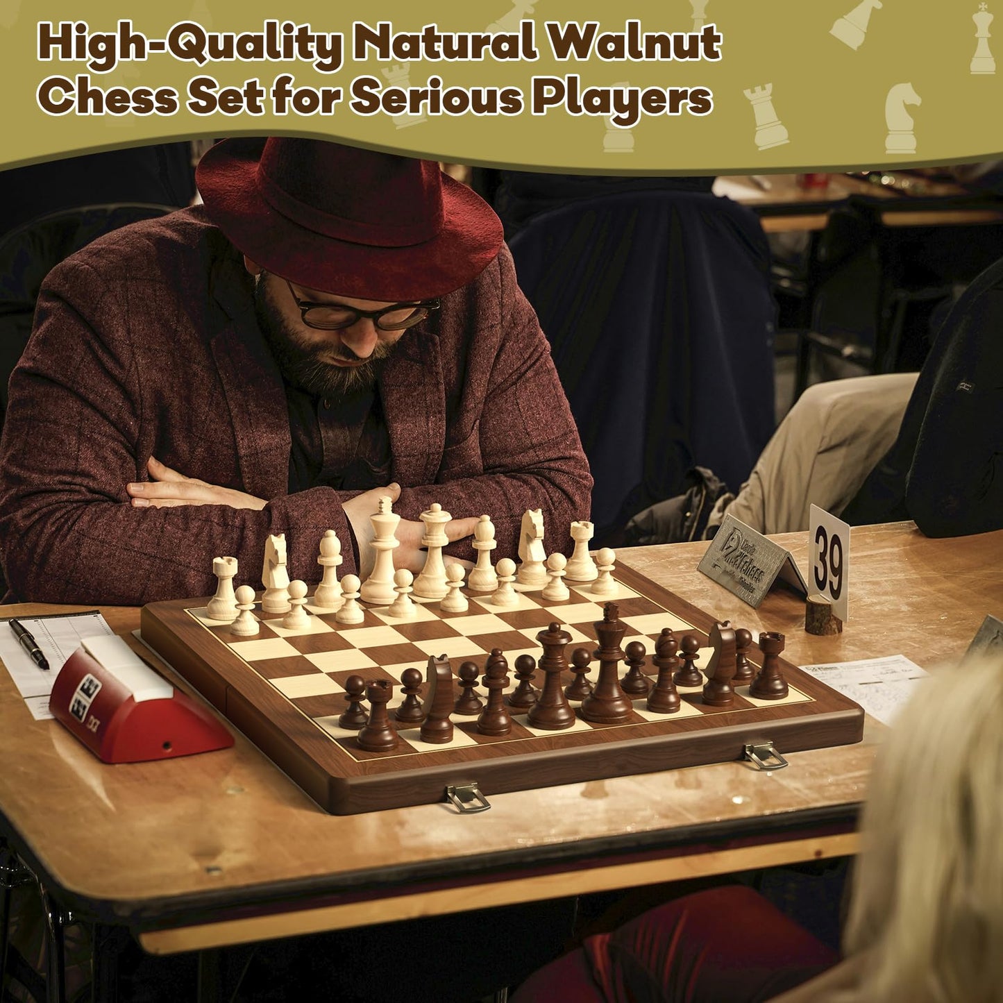 Premium Natural Walnut 15'' Magnetic Wooden Folding Chess & Checkers Set- 2 In 1 Board Game With 3'' King Staunton Pieces And 2