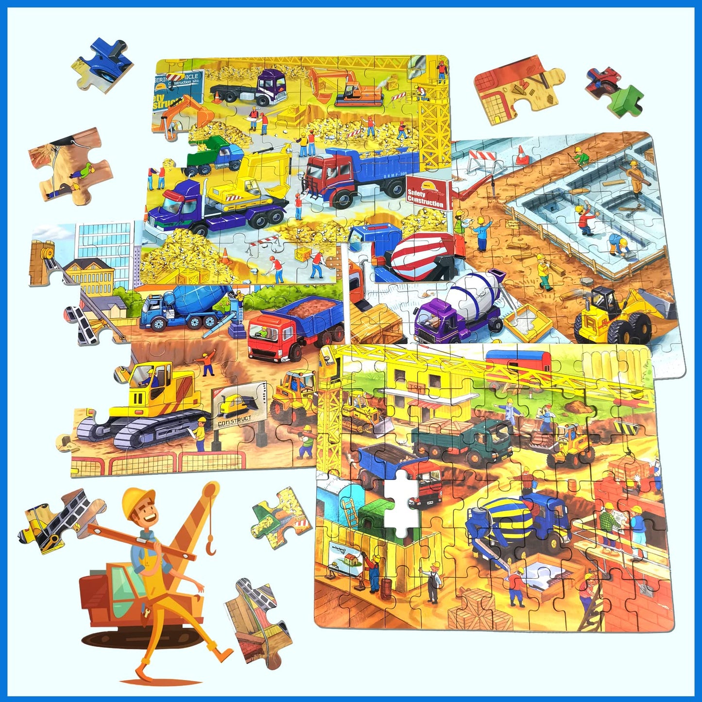 Wooden Puzzles For Kids Ages 4-8, Construction Sites Vehicles 4-In-1 Jigsaw Puzzles In A Wood Storage Box, 24 48 60 88 Pieces Co