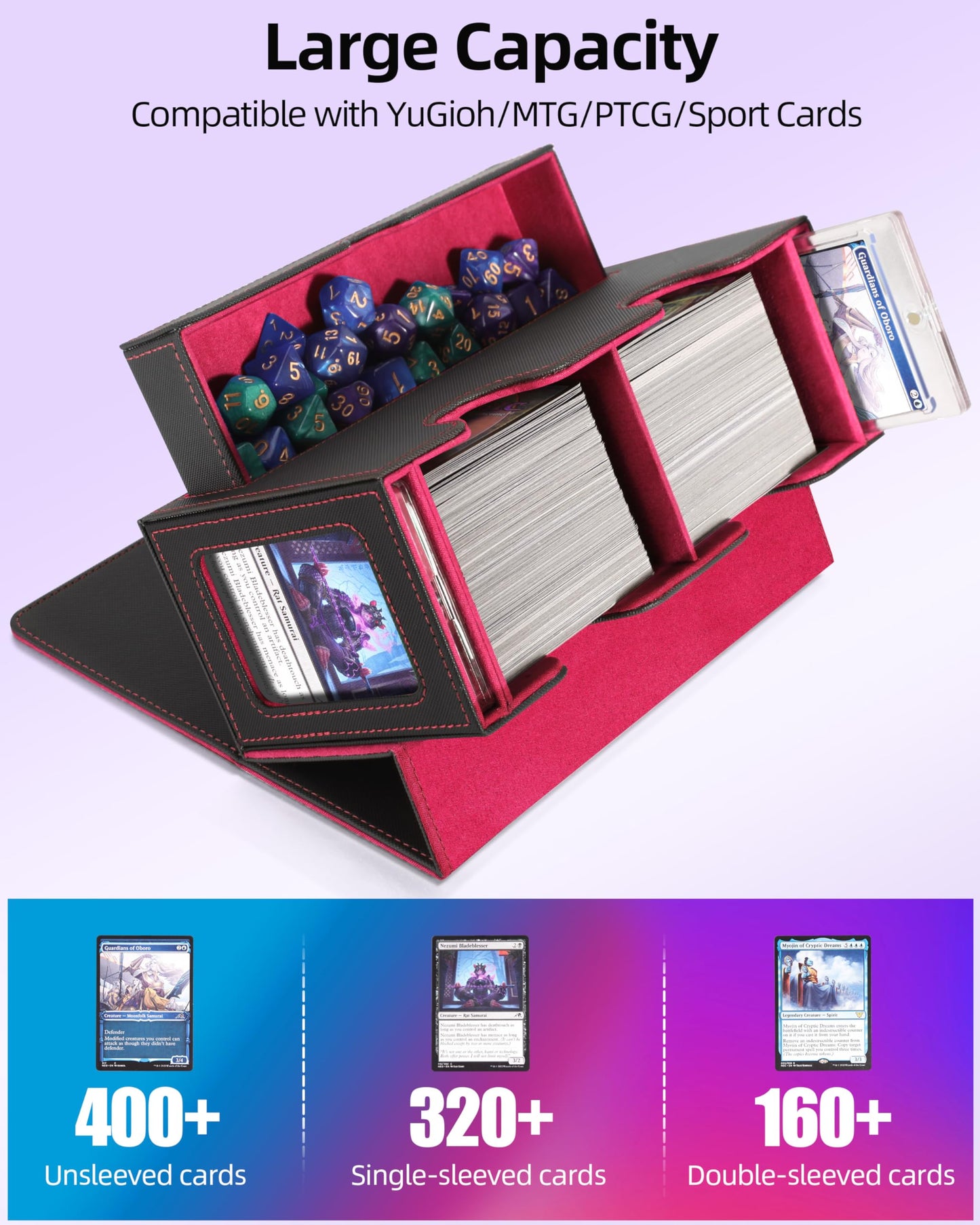 MTG Deck Box, MTG Commander Card Deck Box with Commander Display, Fits 320+ Single Sleeved, Double Card Storage Box with Dice Tr