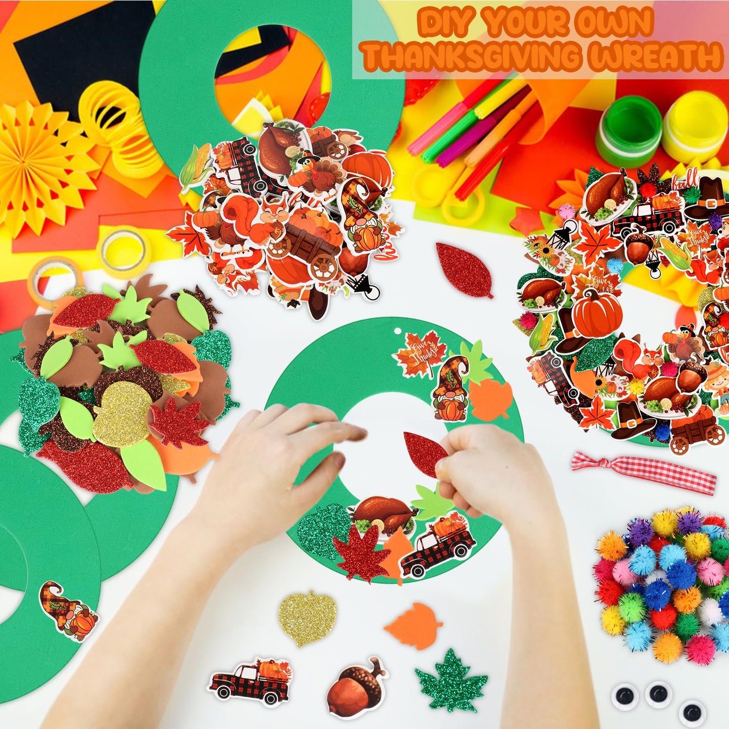 12 Sets Thanksgiving Wreath Decorations, Thanksgiving DIY Foam Wreath Signs Fall Craft Kit Turkey Maple Leaves Pumpkin Foam Stic