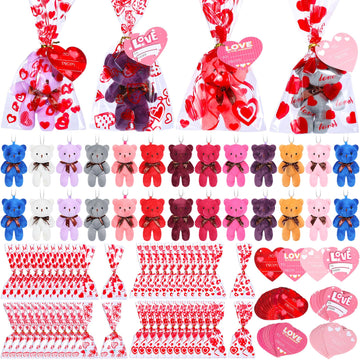 Zonon 144 Pcs Valentine'S Day Mini Stuffed Bear Bulk Bear Toy With Gift Bags Heart Cards 4.72 Inch Plush Stuffed Tiny Bears Vale