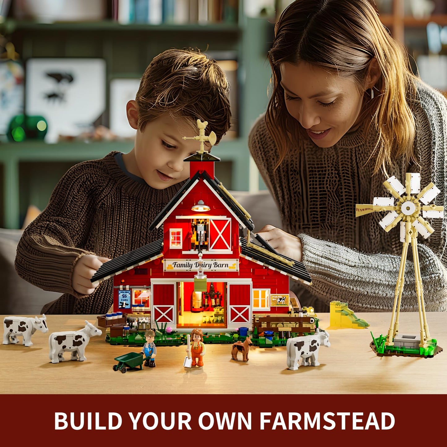 Funwhole Farm Cow-Barn Lighting Building-Bricks Set - Farm Life Cow Barn House Collection Led Light Building Construction Set 1368 Pcs For Adults And Teen