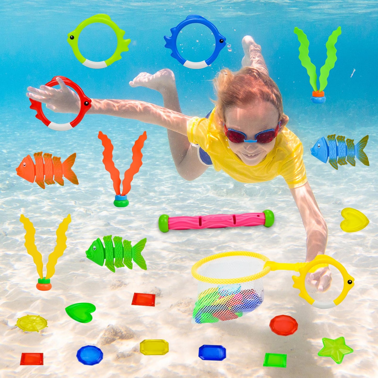 YGSEPCC 45 Pcs Pool Diving Swimming Toys for Kids Ages 3-12 Summer Pool Game Toys Set with Diving Door Diving Stick Fish Ring Ge
