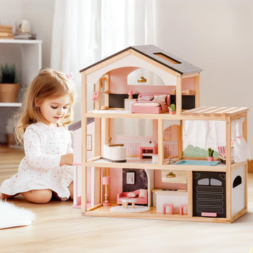 Robud Wooden Dollhouse, 6 Rooms Wooden Doll House With 29Pcs Furniture Set, Working Elevator, Garage, Swimming Pool, Ideal Gift