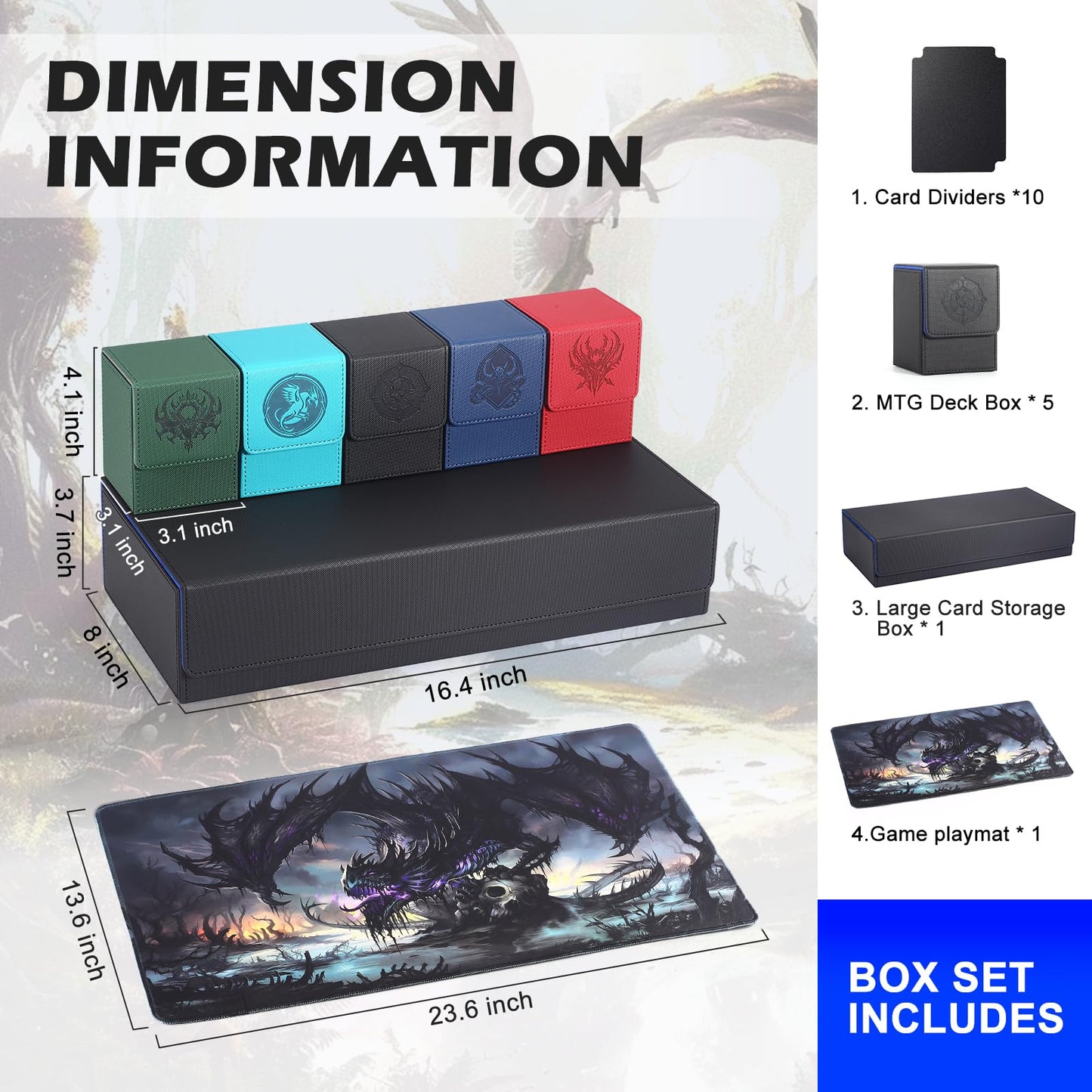 Komick Ultimate 6-in-1 Card Deck Box Set with Playmat Dice Tray, Large MTG Card Storage Box with 5 PCS Deck Case 2400+ Unsleeved