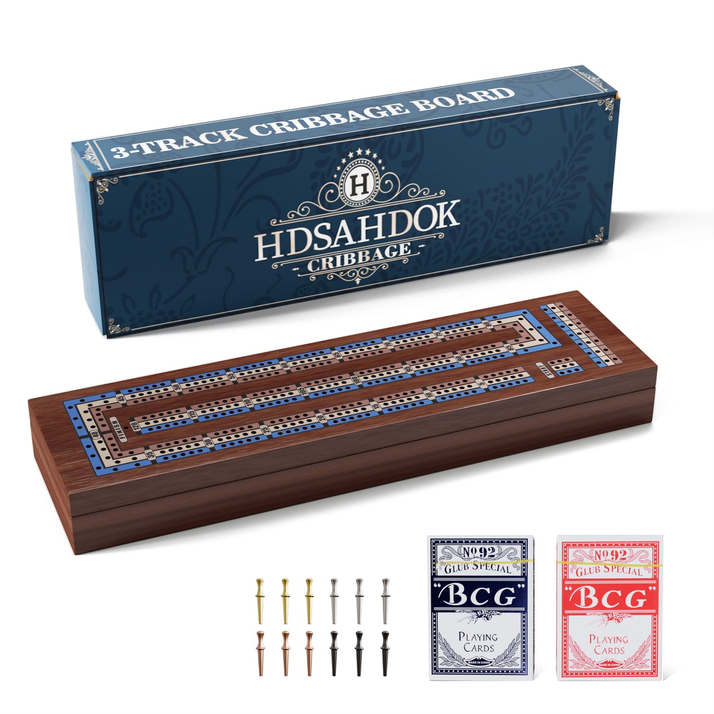 Hdsahdok Wooden Cribbage Board Game Set  Double-Sided 3 and 4 Track Cribbage Board  with Magnetic Lock / 12Pcs Metal Pegs / 2 Playing Cards/Larger Storage Area  Family Game Sets for mature-themed