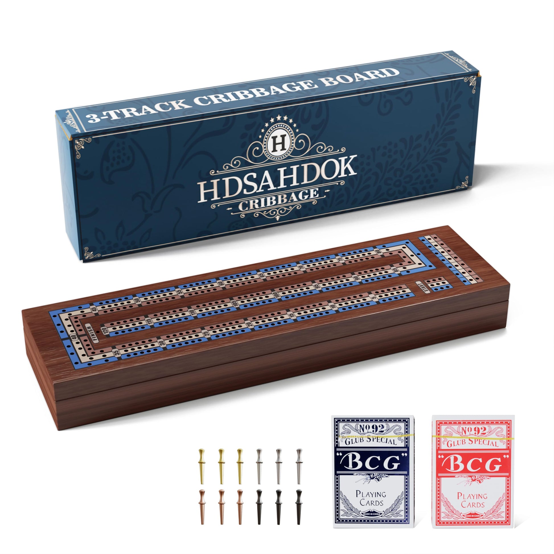 Hdsahdok Wooden Cribbage Board Game Set  Double-Sided 3 and 4 Track Cribbage Board  with Magnetic Lock / 12Pcs Metal Pegs / 2 Playing Cards/Larger Storage Area  Family Game Sets for mature-themed