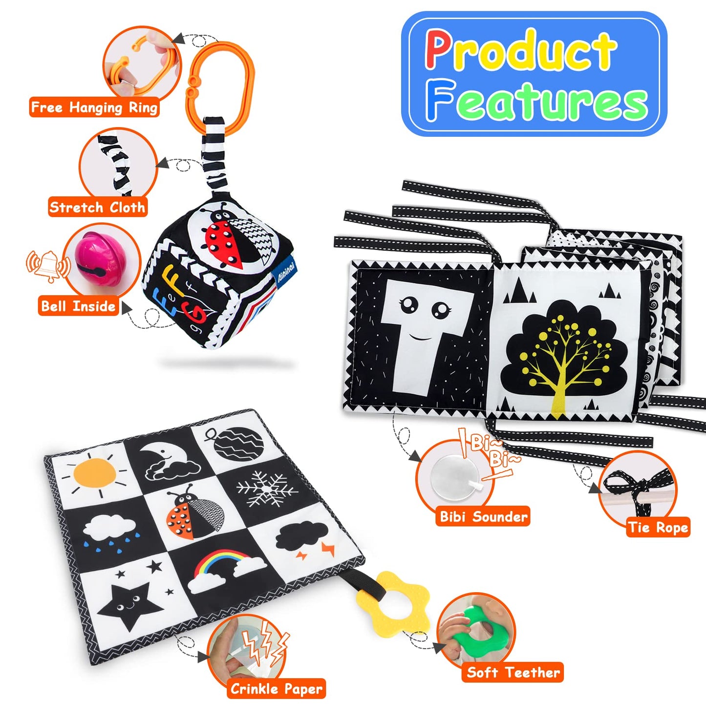 KUANGO 3 PCS Black and White High Contrast Baby Toys Newborn Toys 0-6 Months, Visual Stimulation Sensory Soft Book, Infant Tummy