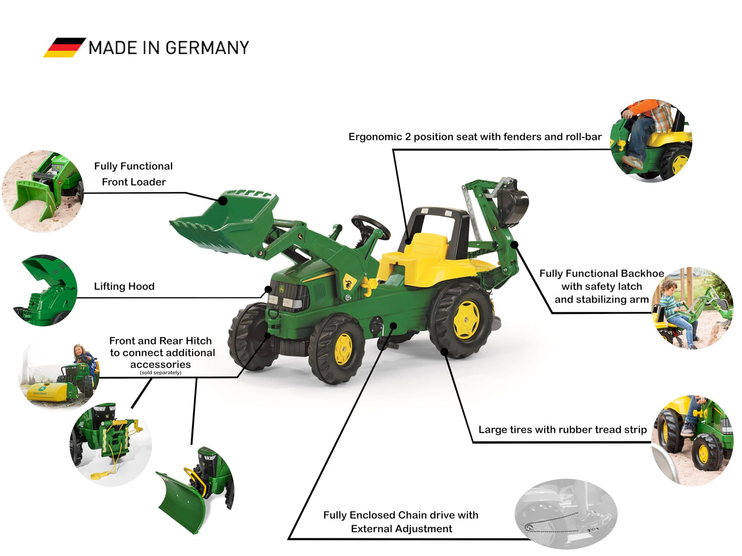 Rolly Toys John Deere Pedal Tractor With Working Loader And Backhoe Digger, Youth Ages 3+