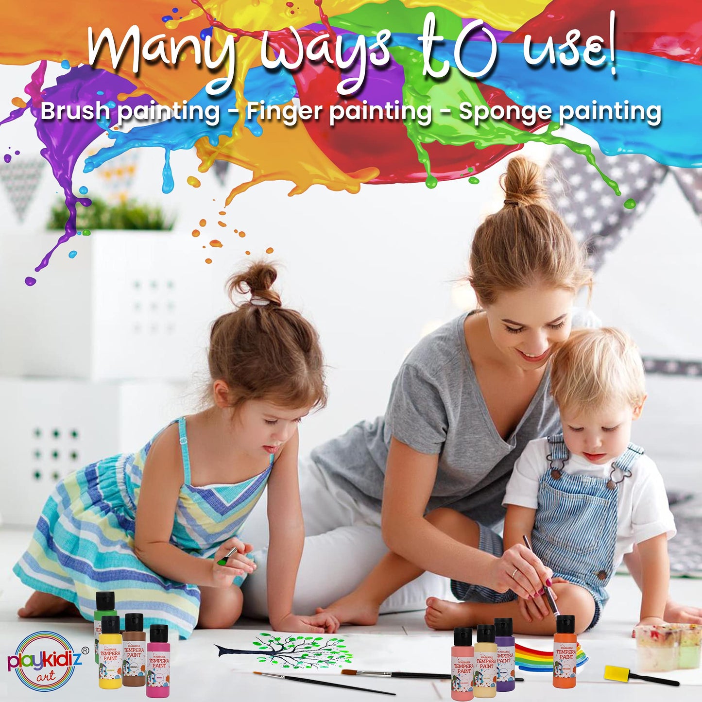 Playkidiz Washable Tempera Paints Set of 18 - Non-Toxic Acrylic Paint for Kids, Assorted Colors, Includes Brushes for Crafting and Creativity