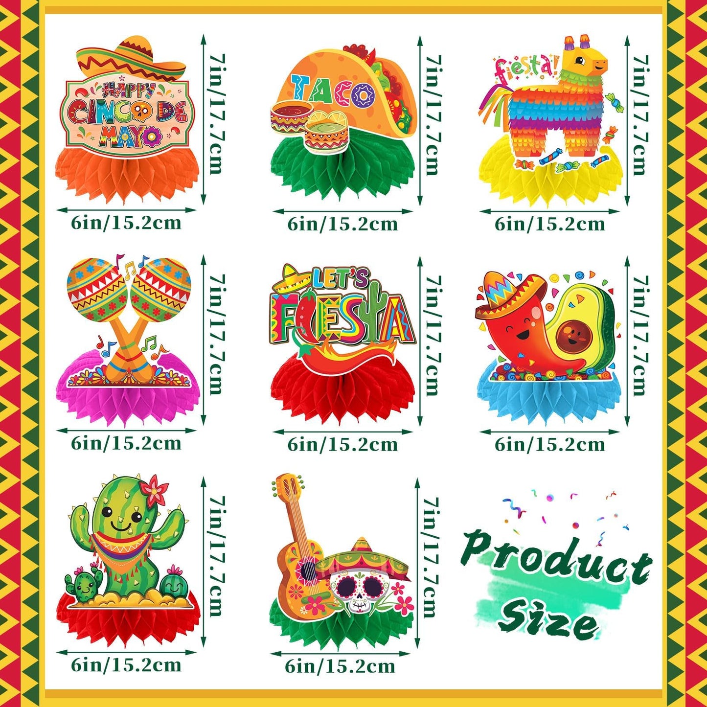 JULMELON 8PCS Cinco De Mayo Party Decorations, Mexican Fiesta Table Decorations Honeycomb Centerpiece for Mexican Theme Taco Par