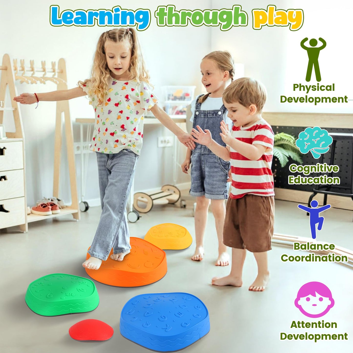 Astrell Stepping Stones For Kids - Colourful Durable Non-Slip Toddler Stepping Stones Outdoor Play - Balance Beam For Kids, Indo