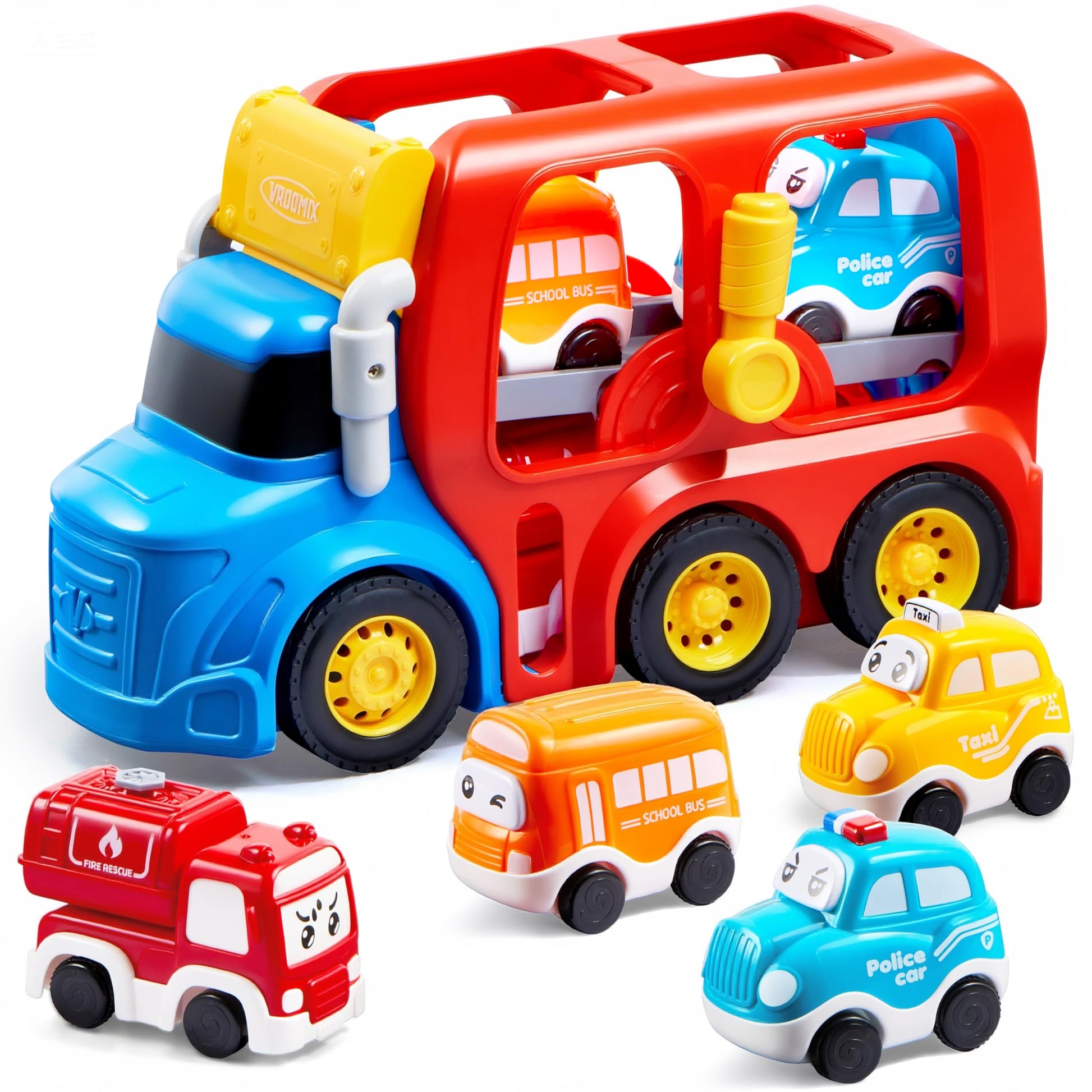 Vroomix Jova Toddler Truck Toys for Age 2-4, Carrier Transport Trucks for Kids 2 3 4 5 Year Old Boy, 4 Pack Car Toys Including S