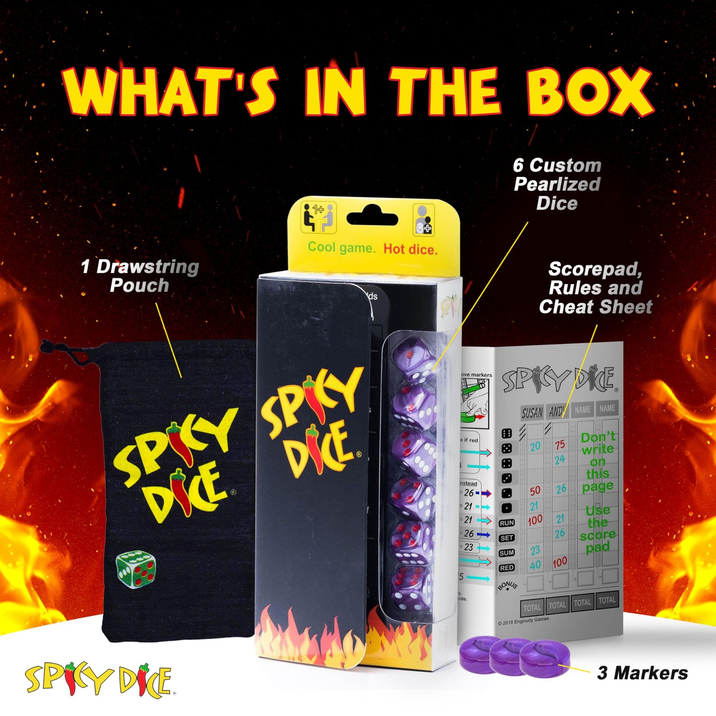 Spicy Dice Purple: The Ultimate Family Dice Game - Pearlized Colored Dice With Cheat Sheet And Silkscreened Pouch For Strategic