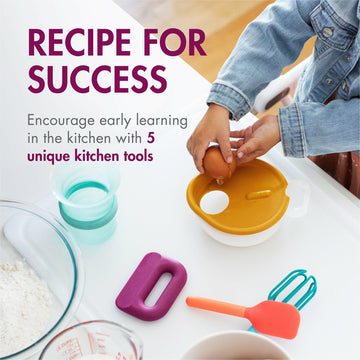 Boon Intro Toddler Food Prep Set - Kids' Kitchen Tools - 5 Unique Toddler Kitchen Accessories Includes Spatula, Egg Cracker, Cho